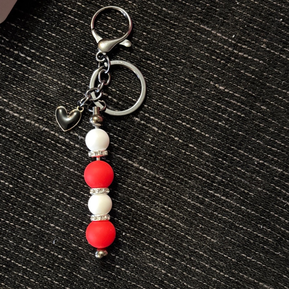 Handmade Red and White Beaded Keychain